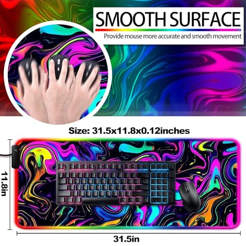 RGB Abstract Colorful Marble Swirl Fluid Gaming Desk Mat, Computer Keyboard Large Extended Long LED Mouse Pad for Office and Home, XL (W22) - color: Rgb-w22