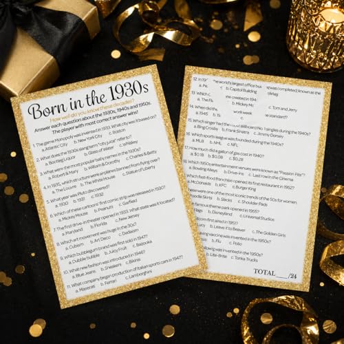 Black and Gold 90th Birthday Games Set, Born in the 1930s, 20 Guests | 5" x 7" Dual-Sided Cards, Who Knows Best, Older or Younger, and 1930s Trivia Games, Answer Keys Included - color: Black and Gold