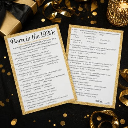 Black and Gold 90th Birthday Games Set, Born in the 1930s, 20 Guests | 5" x 7" Dual-Sided Cards, Who Knows Best, Older or Younger, and 1930s Trivia Games, Answer Keys Included - color: Black and Gold