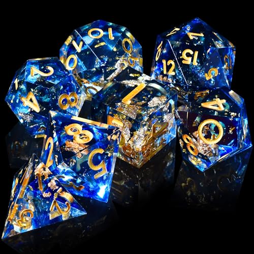 AUSTOR 7-Die DND Dice Set Handmade Sharp Edge Polyhedral Dice for Dungeons and Dragons RPG MTG Table Games（Tranlucent Blue with Glod Sequins） - color: Tranlucent Blue With Glod Sequins