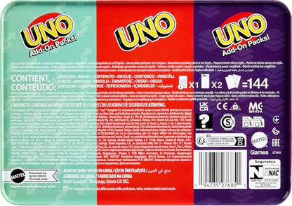 Mattel Games UNO Card Game with 2 Add On Packs with Storage Tin | Includes UNO Deck and 2 Add-On Packs for Kids, Teens & Family Game Night for Ages 7+, 2-10 Players (Amazon Exclusive)