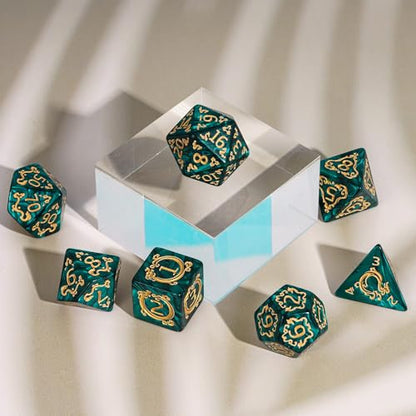 7-Die DND Dice Set Dragon Pattern Polyhedral Die with Leather Bag D&D Dice Set for RPG Table Games (Green W/Gold Dragon Pattern) - color: Green W/Gold Dragon Pattern
