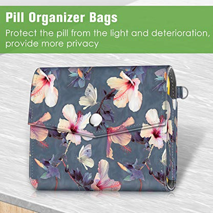 FINPAC Weekly Pill Organizers 4 Times A Day, Slide Open PU Leather Case Travel Pill Vitamin Medicine Reminder and Planner with Name Card for Morning| Afternoon| Evening| Bedtime (Blooming Hibiscus) - color: Blooming Hibiscus
