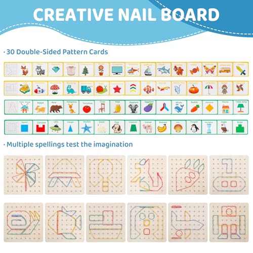 2Pack Wooden geoboards with Rubber Bands Montessori Toys, Mathematical Education Toy for Kids with Pattern Cards and geo Boards to Figures and Shapes, Brain Teaser STEM Toys for Classroom.