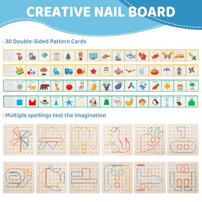 2Pack Wooden geoboards with Rubber Bands Montessori Toys, Mathematical Education Toy for Kids with Pattern Cards and geo Boards to Figures and Shapes, Brain Teaser STEM Toys for Classroom.