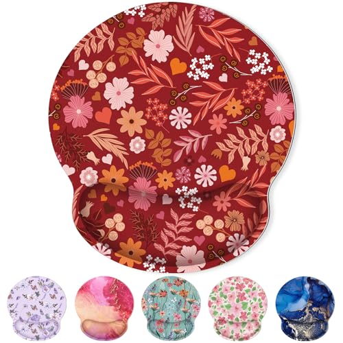 KONVINIT Ergonomic Mouse Pad with Wrist Rest, Small Mousepad with Non-Slip Rubber Base and Smooth Surface, Red Mouse Pads for Desk, Office Desk Accessories - color: Red Flowers