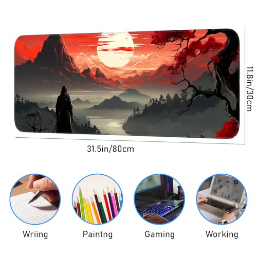 Japanese Gaming Mouse Pad, Non-Slip Rubber Base with Stitched Edge Mouse Pad for Office, Laptop, 31.5x11.8 Inch Anime Gaming Keyboard Pad - color: Red Moon Canyon