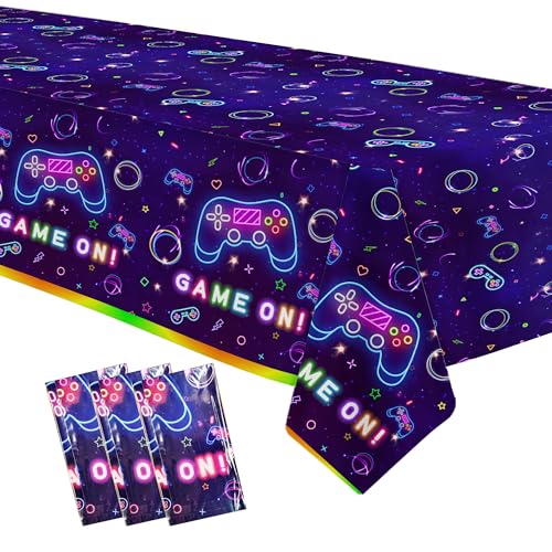 Video Game Party Tablecloth Decorations, Neon Glow Theme, 3 Pack | Disposable Neon Glow Level Up Game On Birthday Party Supplies Table Cover, 54in x 108in