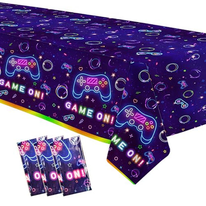 Video Game Party Tablecloth Decorations, Neon Glow Theme, 3 Pack | Disposable Neon Glow Level Up Game On Birthday Party Supplies Table Cover, 54in x 108in