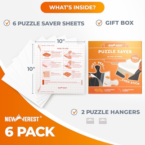 Newverest 6-Pack Puzzle Glue Sheets 10×10″ – Preserve & Display 1 × 1000-Piece Jigsaw Puzzles – Peel & Stick Puzzle Saver with 2 Adhesive Hangers – No Glue, No Mess, Ships Flat, Gift-Ready Box - color: Pack of 6