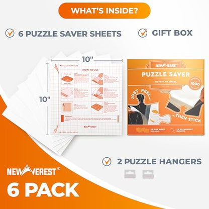 Newverest 6-Pack Puzzle Glue Sheets 10×10″ – Preserve & Display 1 × 1000-Piece Jigsaw Puzzles – Peel & Stick Puzzle Saver with 2 Adhesive Hangers – No Glue, No Mess, Ships Flat, Gift-Ready Box - color: Pack of 6