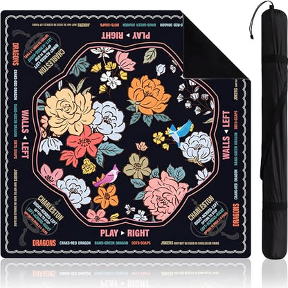 Soulchen Flower Black American Mahjong Mat for Table with Rules, No Creases, Ships Rolled, 31.5 x 31.5 Non-Slip Noise Reduction Gaming Mat with Carrying Bag for Poker Card Board - color: Black