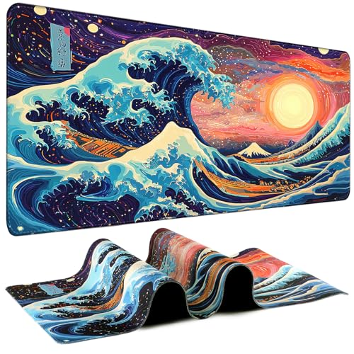 Mouse Pad Gaming - Desk Mat for Keyboard and Mouse - Kanagawa Large Mouse Pad for Desk, Japanese Sea Wave Mousepad (31.5" x 11.8") with Non-Slip Base, Desks Pad Mat for Gaming, Office and Home - color: Dark Style Japanese Wave, size: 31.5L x 11.8W inches