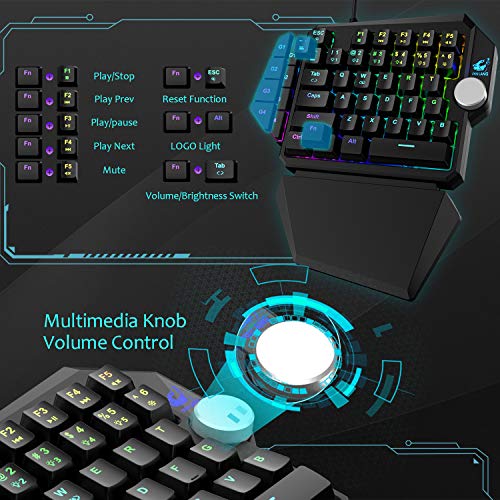 One-Handed RGB Mechanical Gaming Keyboard,Upgrade Multimedia Knob USB Wired Professional Gaming Keypad with Macro Function, Detachable Wrist Rest For PC/Xbox/PS4 (Black/Blue Switch)