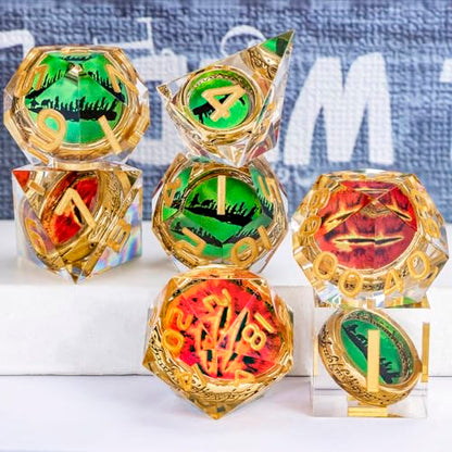Magic Golden Ring DND Dice Set Sharp Edge Red Gaze Eye Resin Dice with Box, for use with RPG D&D Tabletop Games Lord D and D Polyhedral Dice Set - color: Ring -Eye-golden Numbers