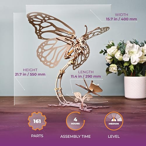 Ugears Wooden 3D Puzzles for Adults - Butterfly Puzzle Mechanical Model Kit - 3D Wood Puzzles Adult Automaton - Kinetic Sculpture Models for Adults to Build Butterfly Kit DIY Miniature Kit - 161 Pcs - style: Butterfly