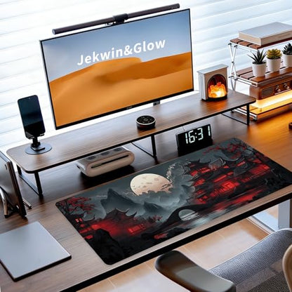 Gaming Mouse Pad, Large Desk Mat, Japanese XL Extended Big Mousepad with Non-Slip Rubber Base Stitched Edges, Laptop Computer Keyboard Mat, Office&Home, 31.5x11.8in - color: Red Moon