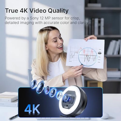 NexiGo N930E Pro, 4K Webcam with Ring Light, PDAF Autofocus, 1080P@60FPS, Dual Noise-Canceling Mics, Built-in Privacy Shutter, Web Cam for Streaming, Meeting, Gaming - style: 4K Webcam with Light