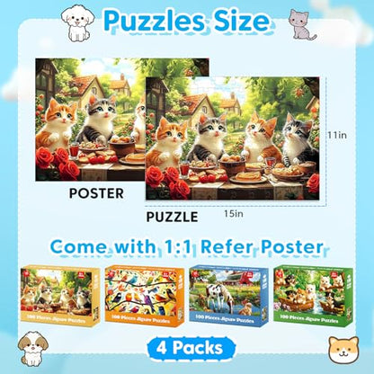 4 Packs 100 Piece Puzzles for Kids Ages 4-6 6-8 8-10, Cats Birds Farms Dogs Jigsaw Puzzles Educational Kids Puzzles 5-8 Gifts for Girls Boys Adults Seniors 15x11in - color: Cats Birds Farms Dogs
