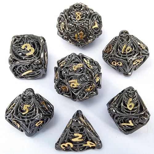 Metal Skull Dice Set Hollow Multi-Sided Dungeons & Dragons Dice 7CPS Role-Playing Dice Set with Flannel Bag Suitable for D&D Board Game Cards (Black Gold) - color: Black Gold