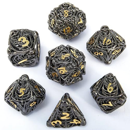 Metal Skull Dice Set Hollow Multi-Sided Dungeons & Dragons Dice 7CPS Role-Playing Dice Set with Flannel Bag Suitable for D&D Board Game Cards (Black Gold) - color: Black Gold