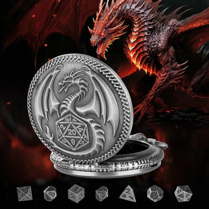 Mini DND Dice Set with Dragon Engraved Pocket Watch Shell Case, 7pcs Polyhedral Metal D&D Dice Set, DND Gifts with Gift Box, Role Playing Board Games Accessories, Dark Silver - color: Dark Silver