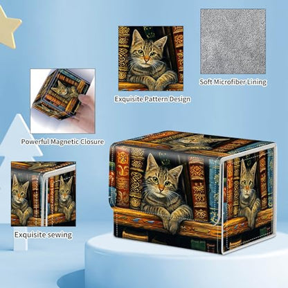 for MTG Commander Deck Box,Card Deck Box for Trading Yugioh MTG,Fits 100 Double Sleeved Cards,PU Leather Strong Magnet Case for Magic Commander TCG CCG,Cat Bookshelf - color: Cat Bookshelf