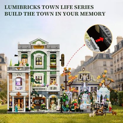 Lumibricks Pocket-Garden Lighting Buildin Set, 1649 Pcs Landscape Set | French Parisian Style Corner Garden, Modular Park Model for Adults, Decorative Construction with Fountain and Seasonal Plants