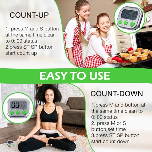 Leumoi 24 Pack Multi-Function Digital Timers with Magnetic Back, Large LCD Display, Loud Alarm, Count up & Countdown, Memory Function for Cooking, Classroom, Study, Exercise & Work(Sliver and Green) - color: Sliver and Green