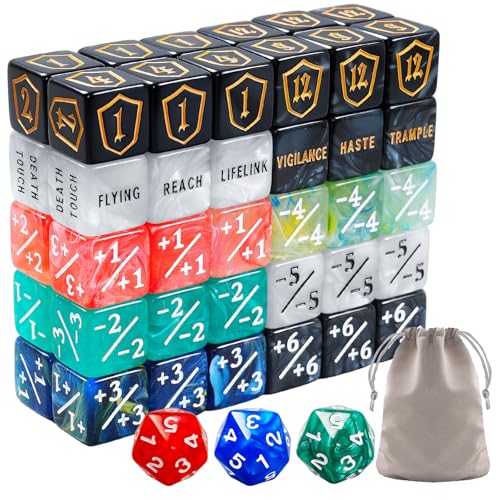 63 PCS MTG Dice Set with Shield Life Counter (1–12), Keyword Ability Counters, +1/-1 Stat Modifier Dice in 6 Colors, D20 & Storage Bag