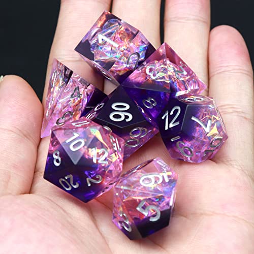 Haxtec Sharp Edge DND Dice Set, Purple Resin Polyhedral RPG Dice | Holographic D&D Dice for Table Games, Compatible with Dungeons and Dragons, Handmade 7-Die with Metal Case, TTRPG Gifts - color: Purple Black