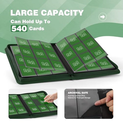 Trading Card Binder with 9 Side Loading Pocket Card Album Hold Up to 540 Cards PU Card Collection Binder, Collectible Albums Card Folder for MTG, TCG, Sports Cards（9-Dark green） - color: 9-Dark green