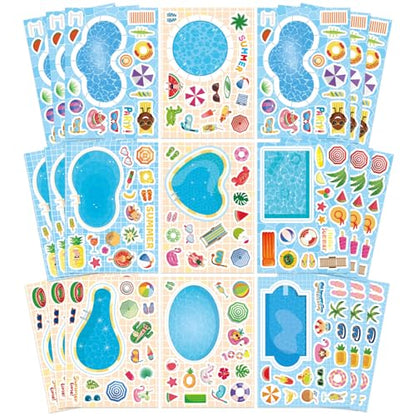Summer Stickers, Make a Pool Sticker, Make Your Own Stickers for Kids | 24 Sheets Pool Stickers, Mix & Match Craft Kit for Summer Party Favors & Activities - style: Pool