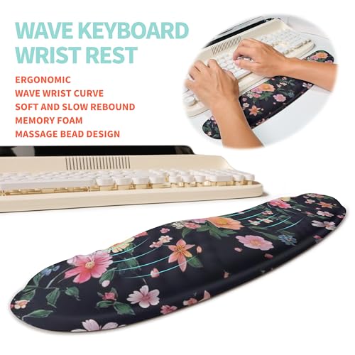 2-in-1 Ergonomic Set, Wave Rise Keyboard Wrist Rest and Massage Bulge Slope Mouse Pad Wrist Support, Cushion Memory Foam Integrated to Relieve Wrist Pain, Flower Dance - color: Flower Dance