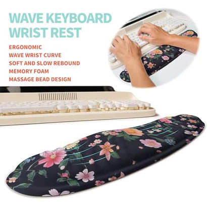 2-in-1 Ergonomic Set, Wave Rise Keyboard Wrist Rest and Massage Bulge Slope Mouse Pad Wrist Support, Cushion Memory Foam Integrated to Relieve Wrist Pain, Flower Dance - color: Flower Dance