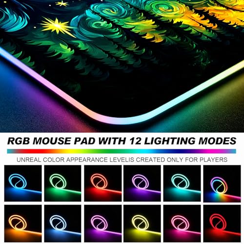 RGB Fantasy Starry Night Forest and Dragon Gaming Desk Mat, Computer Keyboard Large Extended Long LED Mouse Pad for Office and Home, XL (W05) - color: Rgb-w05