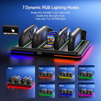 Controller Charging Dock for Switch 2 Joy-Con with RGB Light - 4-in-1 Fast Charger Station for Nintendo Switch 2 Controllers - Magnetic Auto-Align Base with 4 Game Card Slots & LED Indicators