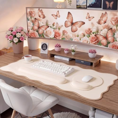 Sabary Scalloped Desk Mat Keyboard Mouse Pad Set 31.5 x 15.7 Inch Beige Preppy Table Mat Keyboard Wrist Rest Cute Aesthetic Mouse Pad with Wrist Rest Coaster Ergonomic Non-Slip Waterproof Gaming Desk - color: Beige, size: 31.5 x 15.7 Inch