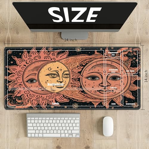 Board Game Mat TCG Playmat Plus 50 Pcs Card Sleeves, 24 x 14 inches Table Mats Games Mousepad with Zones Smooth Surface for MTG RPG CCG Trading Card Game Play Mats, Faces of Sun and Moon - color: Faces of Sun and Moon, size: Zone 1