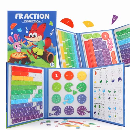 Magnetic Fraction Demonstration Book,Magnetic Fraction Tiles & Fraction Circles,Montessori Fraction Manipulatives Learning Games for Kids,Fraction Manipulatives for Elementary School (Fox) - style: 2-fox