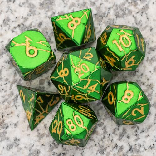 Metal Dice for DND - Ancient Cracked Lightning - Green Gold Cracks | Beautiful 7pc Polyhedral Dice Set, Smooth Rolling, Role Playing Games (RPG), Compatible with D&D, for Dungeons and Dragons - color: Green Gold Lightning