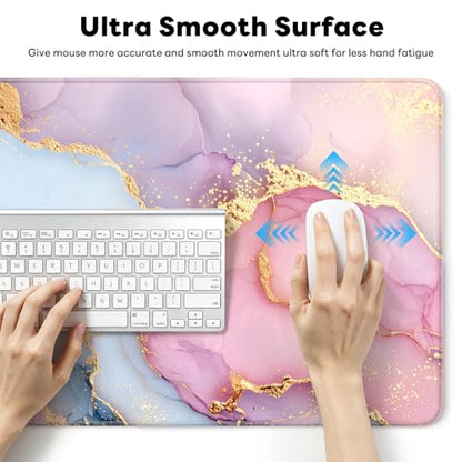 Large Gaming Mouse Pad, XL Desk Protector, Non-Slip Base | 31.5x15.7 in Extended Desk Mat with Stitched Edges for Keyboard, Work, Game, Office, Home PC and Laptop - color: Pink Marble
