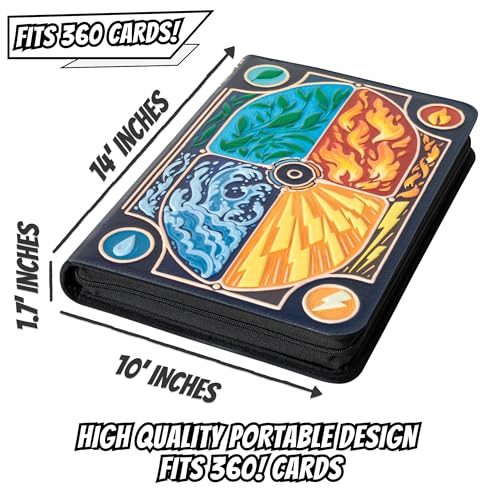 3D Card Binder for Pokemon - Stunning 3D Raised Elemental Design in PU Leather with Zipper - Includes 9 Pocket Pages for 360 Cards. Great Sleeve Album/TCG Holder/Trading Card Collection Book Gift. - color: Elemental