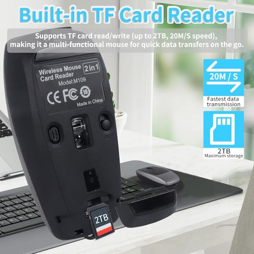 Mini Bluetooth Wireless Mouse with TF Card Reader, Rechargeable, Silent Click, Portable for Laptop, PC, Travel, Office & Home Use (Grey) - color: Grey