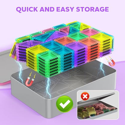 BAIJLE 140PCS Mini Magnetic Tiles, Portable Magnetic Toys Travel Set with Iron Case for Kids Ages 4-8,Creativity Boosting Building Toys Set,Toddler Puzzle Birthday Gift Toys for Boys and Girls Ages 3+ - style: 140PCS Mini Magnetic Tiles
