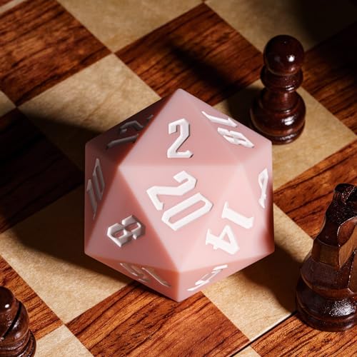 55mm Silicone D20 Dice, Large D20 Single 20 Sided DND Dice | Soft & Comfortable Touch, Perfect Bouncer, Stress Relief, Compatible with Dungeons and Dragons RPG Party Games - color: Pink W/White Numbers