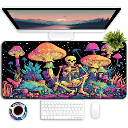 Simpkeely Large Gaming Mouse Pad XL - Blacklight Skull Mushroom Desk Mat, 31.5 x 11.8 Inch Extended Waterproof Keyboard Mousepad with Non-Slip Rubber Base for Gamers & Office Work - color: Mushroom Skull