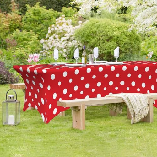 Famame Red White Polka Dots Rectangular Fitted Tablecloth- 6Ft Stretch Spandex Table Covers Patio Design Tablecloths for Wedding Banquet Party (72Lx30Wx30H) - color: Red Polka Dots, size: 3" x 1" (Rectangular)
