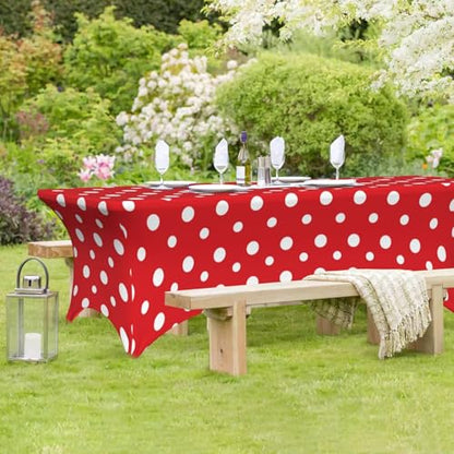 Famame Red White Polka Dots Rectangular Fitted Tablecloth- 6Ft Stretch Spandex Table Covers Patio Design Tablecloths for Wedding Banquet Party (72Lx30Wx30H) - color: Red Polka Dots, size: 3" x 1" (Rectangular)