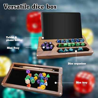 2 Pcs Walnut Dice Box 4.8 x 9 x 1.6 inch Secures Lid Portable Tray Handmade Rolling Dice Tray with Storage, Magnetic Lock and Phone Stand for Tabletop RPG and Board Games